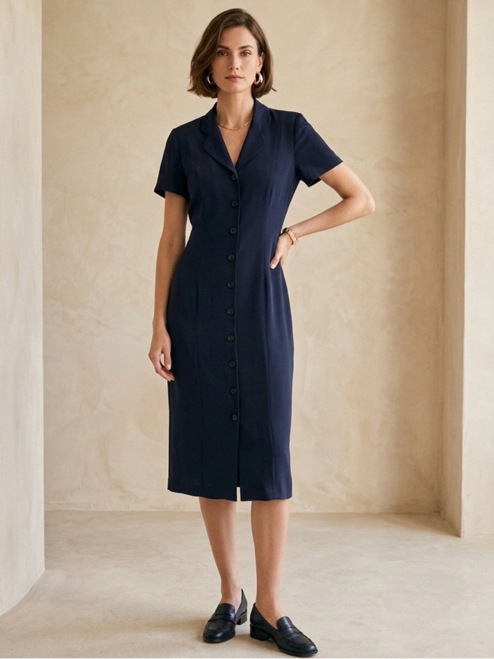 Vintage 90s Silk Button Up Dress Size 8 Navy Blue Talbots - Picture 10 of 10